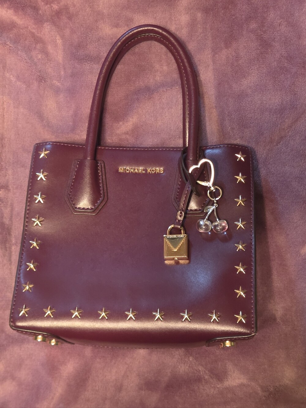 Michael Kors Plum Leather Satchel with Gold Star Studs